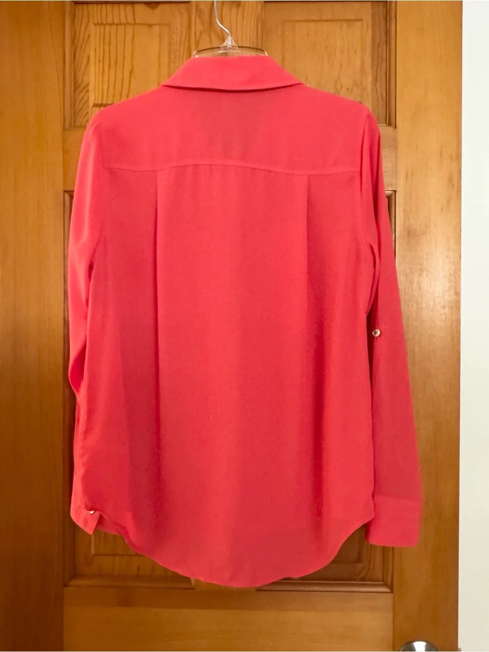 Michael Kors Collared, Coral, Full Zip Blouse, Gold Logo Roll Tab Sleeve Top, S